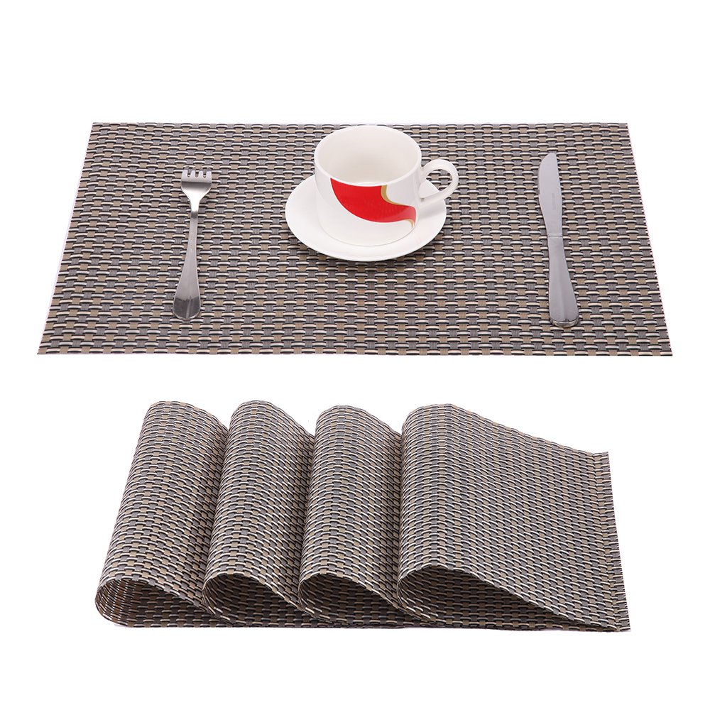 Set of 4 Placemats, Fashion European Style PVC Woven Vinyl Placemat Non-slip Insulation Placemat Washable Table Mats (Gold + Black white)