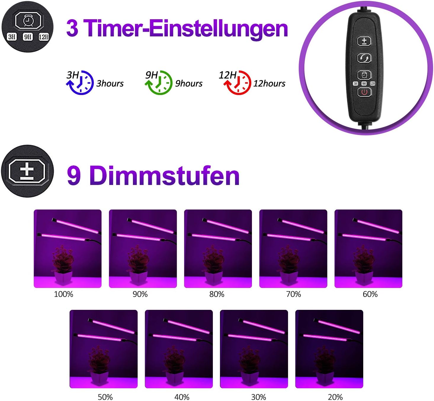 Lampe De Croissance Led Pour Plantes A Spectre Complet Avec 3 Minuteurs Fonction 3h 9h 12h 9 Luminosite Variable 18 W 72 Led Reglable Lampe De Croissance Uv Pour Plantes Bonsai Luminaires Eclairage