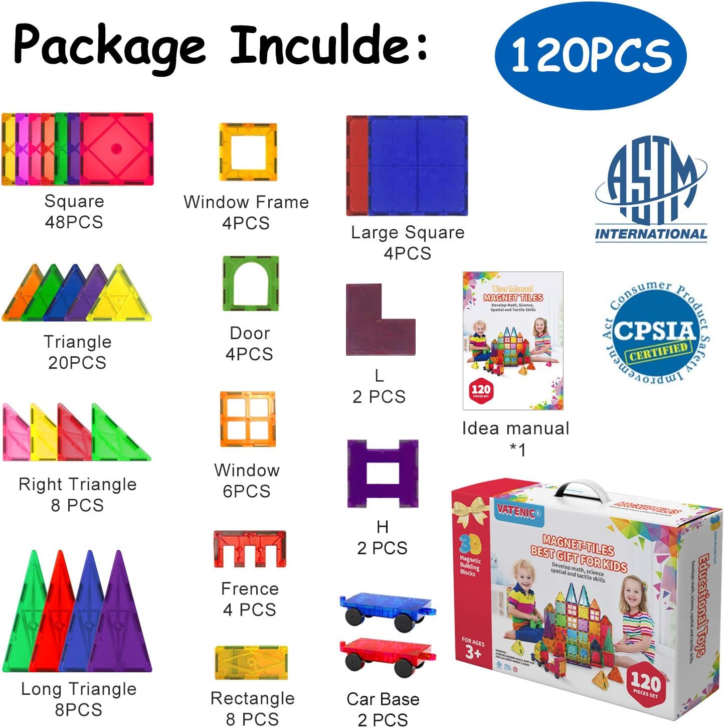 VATENIC 120PCS Kids Magnetic Tiles Building Blocks Set 3D Color Magnetic Blocks Toys for Kids Children,Educational Learning Toys Birthday Gifts for Boys Girls Age 3 4 5 6 7 8 9 10 Year Old: Toys & Games