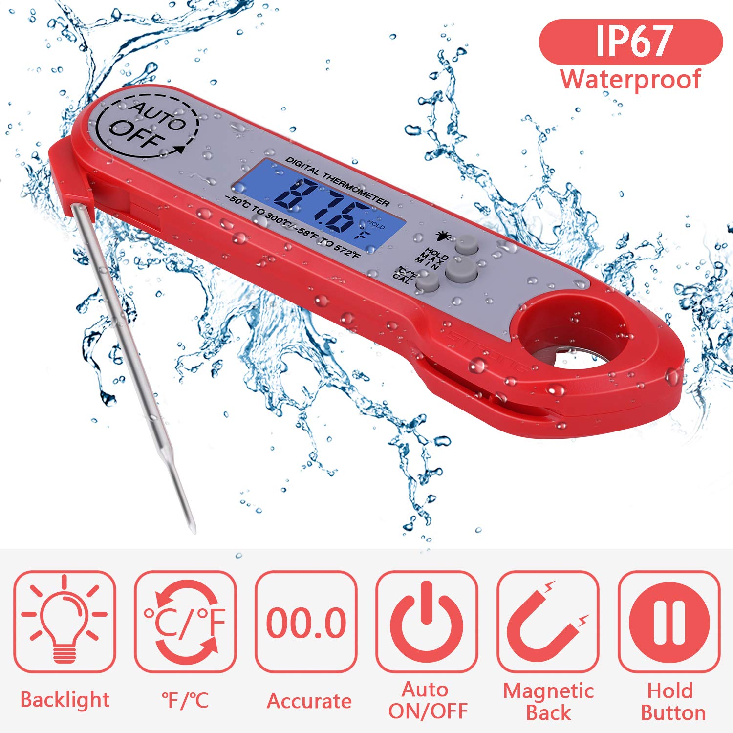 Meat Thermometer, Digital Instant Read Food Thermometer Waterproof with Folding Probe/Backlight/Hold Function and Bottle Opener for Cooking