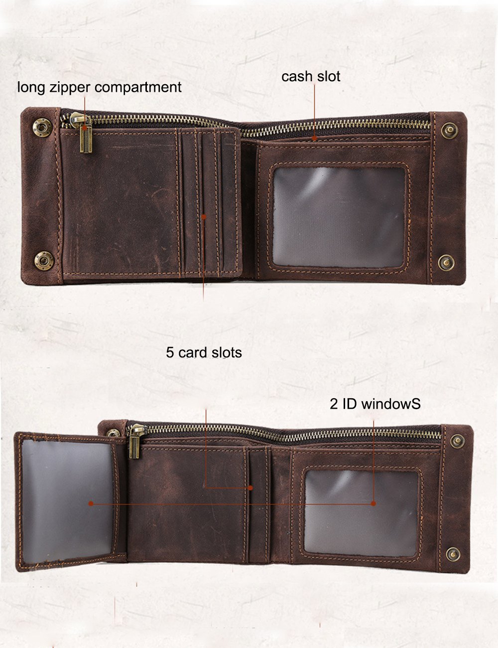 Mens Retro Leather Zipper Wallet Crazy Horse Calfskin Coin Pouch Card Case with ID Window - Dark Brown