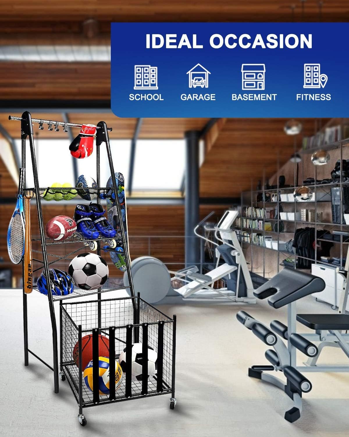 Mythinglogic Sports Equipment Garage Organizer, Rolling Ball Garage Storage, Sports Gear Storage for Kids, Adjustable Rob Sports Storage, Sports Organization with Hooks,Ball Equipment Racks: Sports & Outdoors
