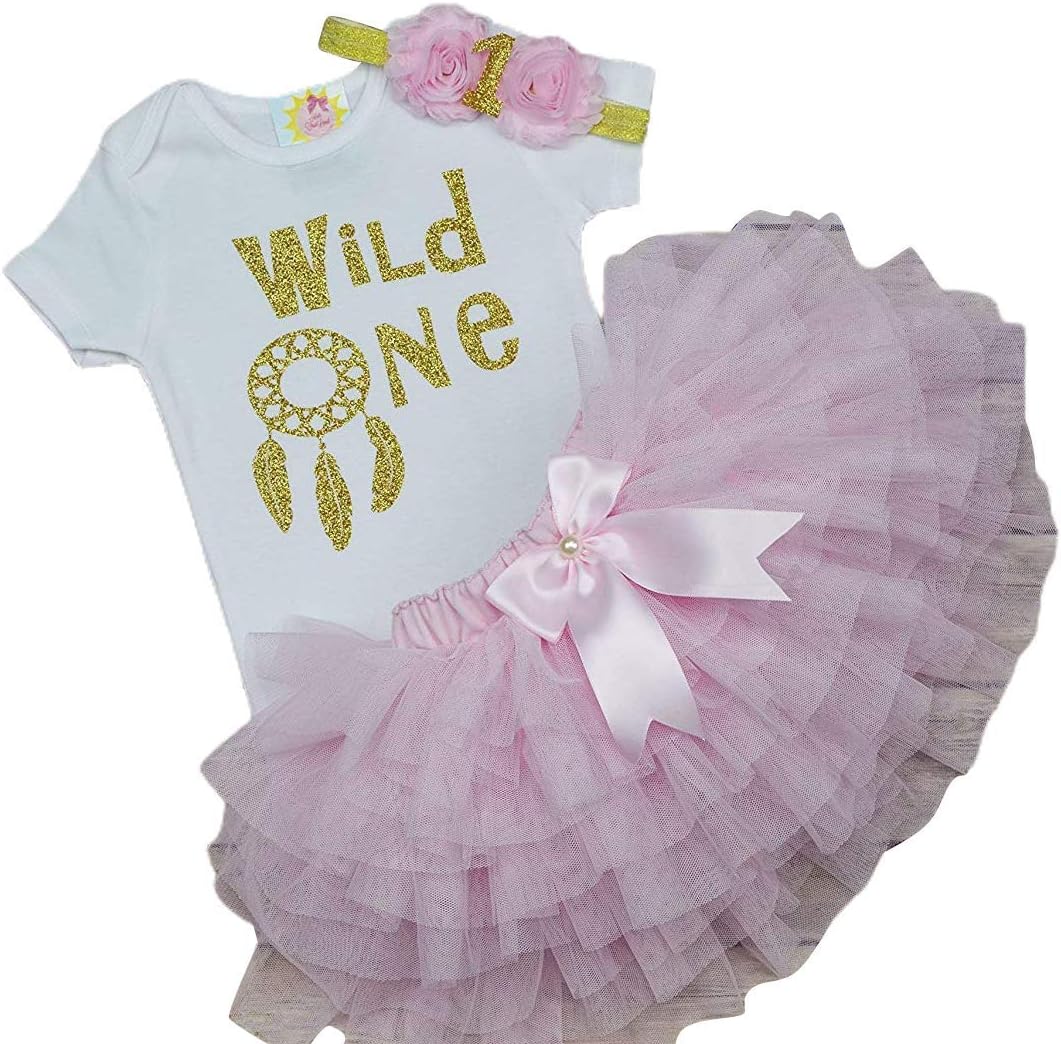 Wild ONE Birthday Outfit for Baby Girl – 1st Birthday Tutu in Gold and Pink – Boho Cake Smash Photo Props – Gift Idea for Daughter