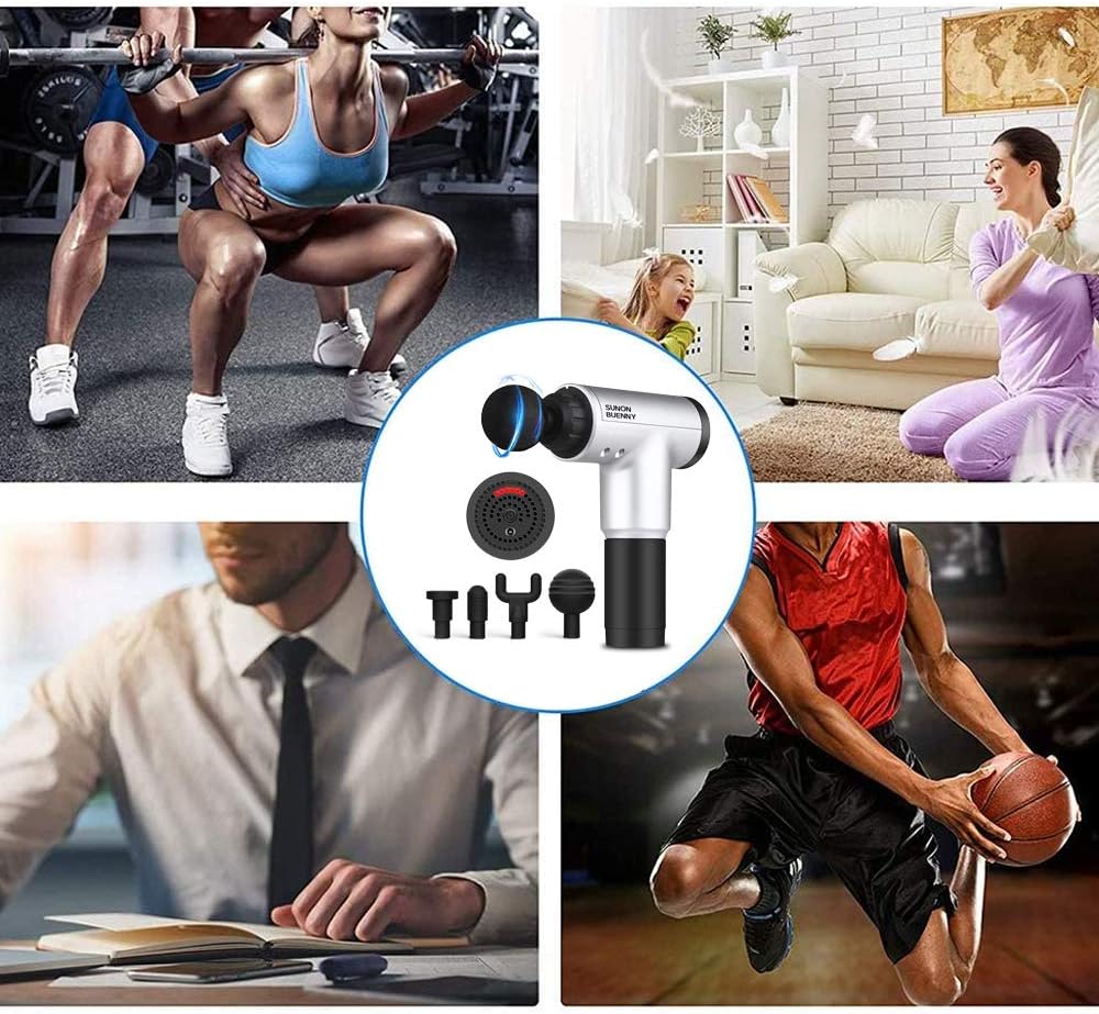 Deep Tissue Percussion Massage Gun for Athletes, 6 Adjustable Speed 4 Detachable Head, Super Quiet Portable Cordless Handheld Massager Gun for Muscles Deep Relaxation，Pain Relief(Silver): Health & Personal Care