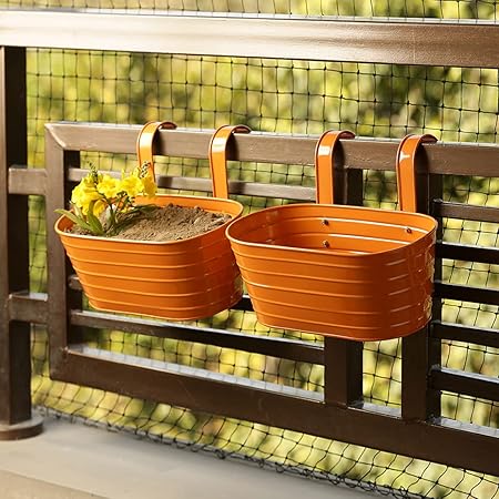 ExclusiveLane Glossy Orange Garden and Balcony Decorative Metal Hanging Railing and Table Flower Planter Pot (Set of 2)