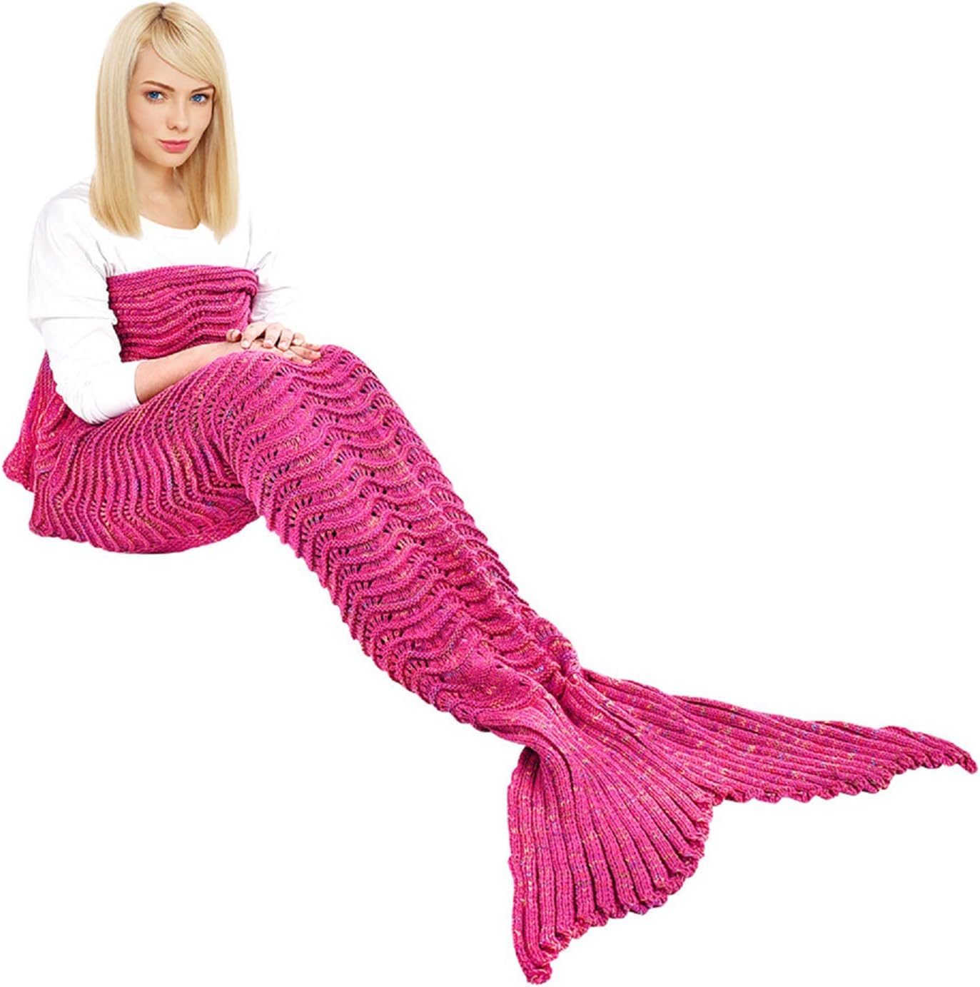 yashidali Wearable Mermaid Tail Blanket, Wave Pattern, All Seasons Warm Knitted Bed Blanket Sofa Quilt Living Room Sleeping Bag for Kids and Adults, 70.9" x 35.5" (180 x 90cm), Rose