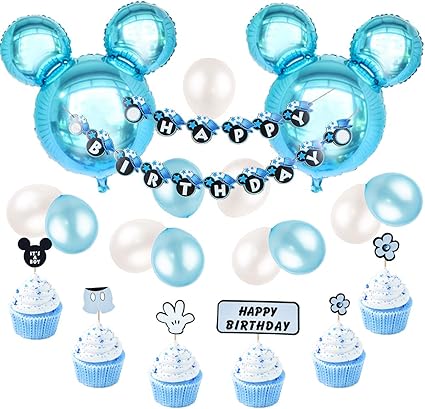 Decoraciones De Cumpleanos De Mickey Mouse Azul Para Ninos Pancarta De Feliz Cumpleanos Y Mickey Cupcake Toppers Para El Primer Cumpleanos Baby Shower Amazon Es Hogar Y Cocina