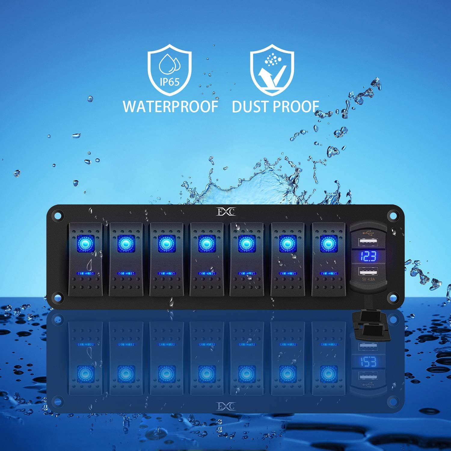 Purishion 7 Gang Rocker Switch Aluminum Panel with Voltmeter & Dual USB(4.8 Amps) Fast Charging, Blue Backlit Led, Pre-Wired IP65 Waterproof for Marine, Boat, Car, Truck, Polaris, Jeep (Blue): Automotive
