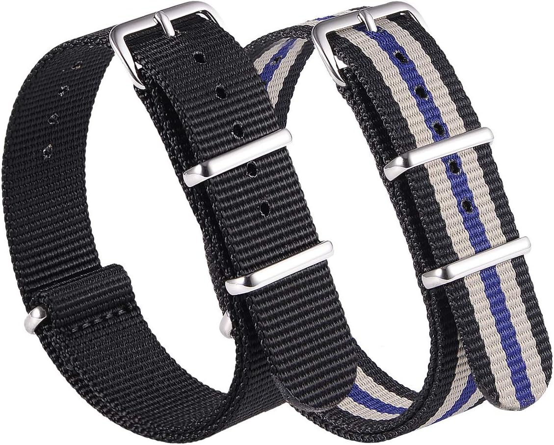 NATO Watch Band Strap Canvas Fabric Nylon Watch Straps with Stainless Steel Buckle,Adebena Ballistic Replacement Watch Bands Width 20mm 22mm (20, Black&Black/Grey/Blue)
