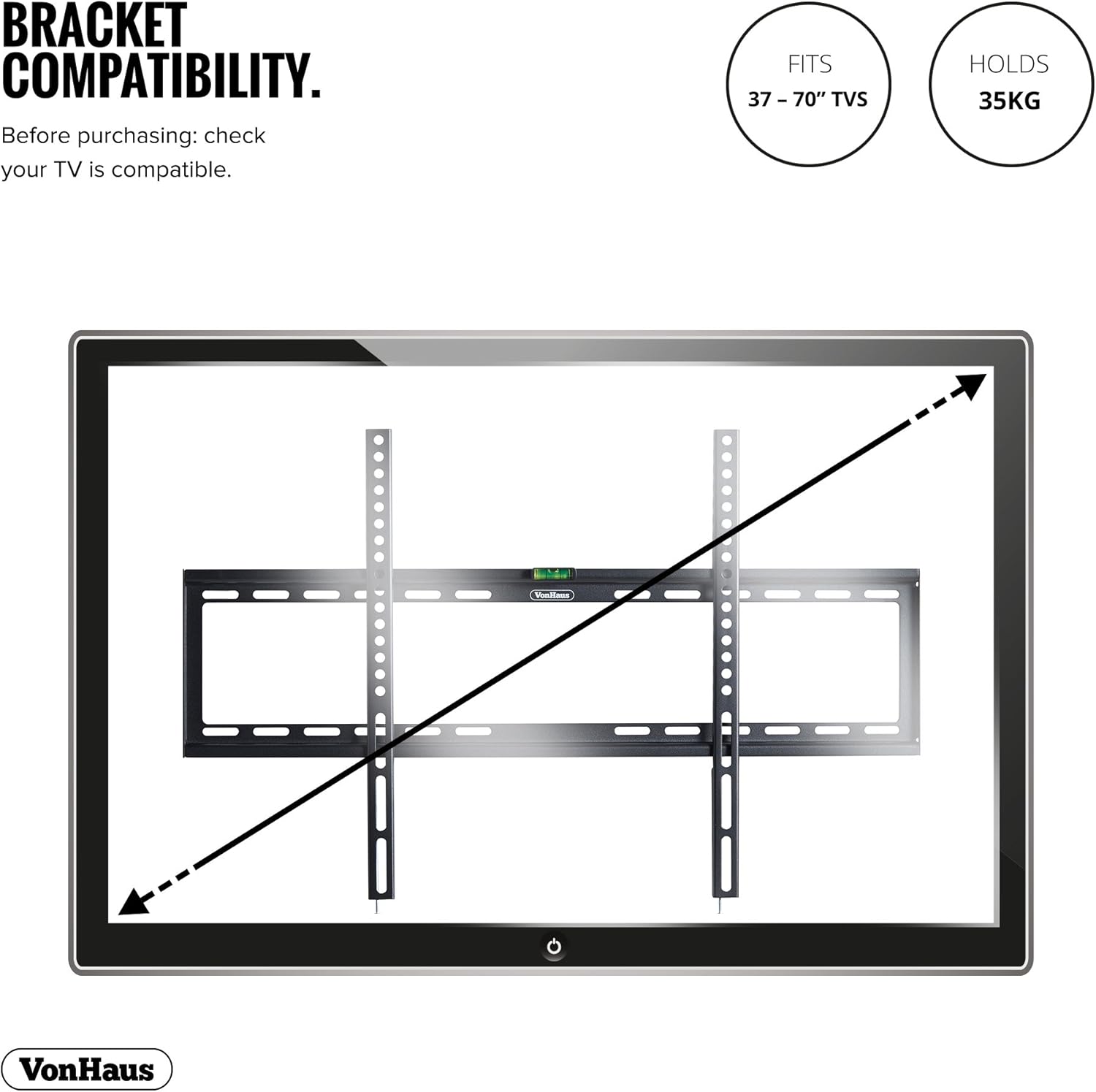 VonHaus TV Wall Bracket for 37-85" Screens, Ultra-Slim TV Bracket with Spirit Level, Flat to Wall Mount, 70kg Capacity - Image 4
