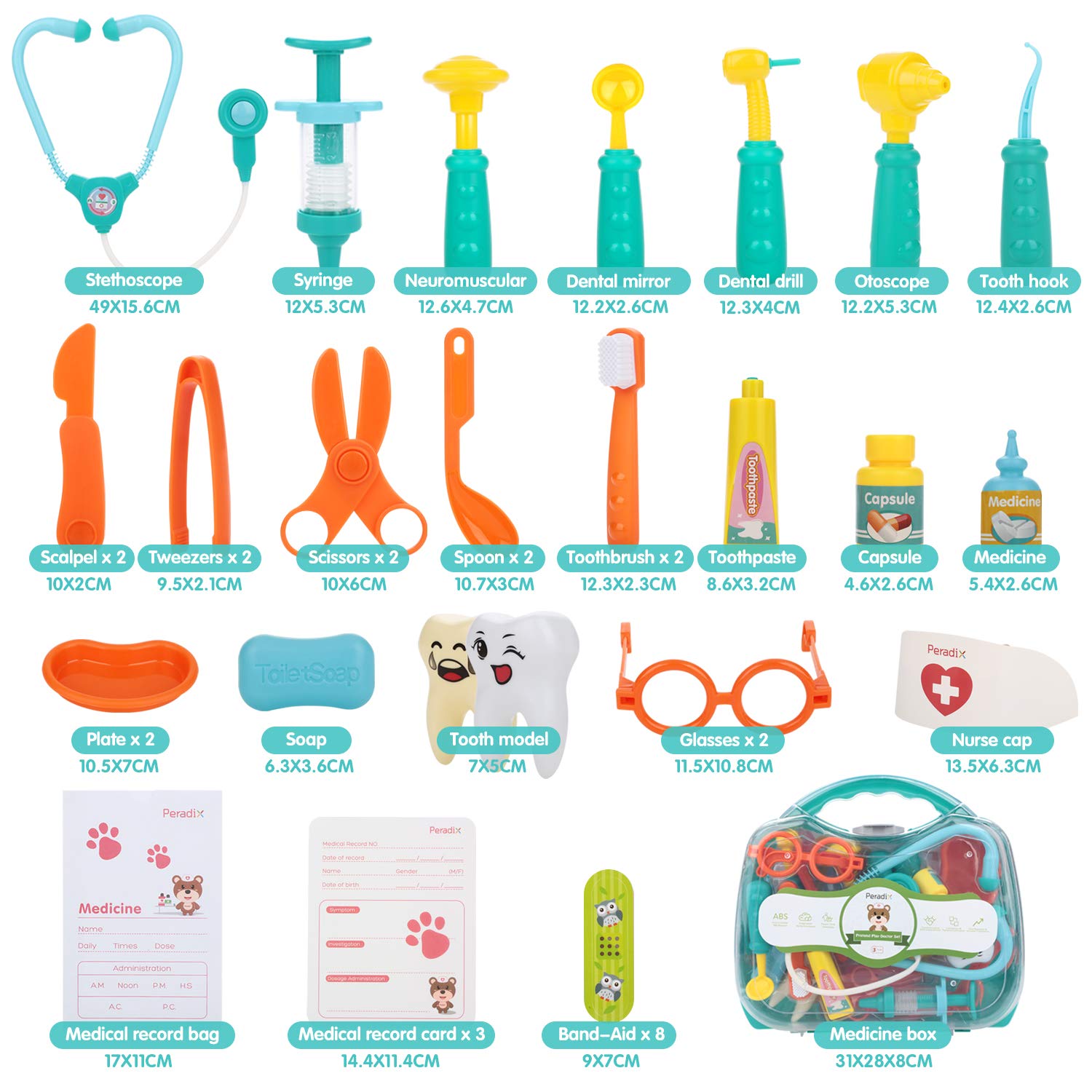 Peradix Medical Toys Doctor Kit 41 PCS for Kids Childrens With Electronic Stethoscope Pretend Doctor Nurse role playset Pack in Durable Gift CarryCase