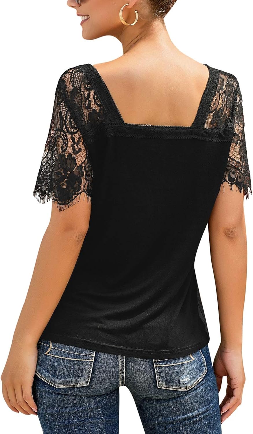 LookbookStore Women's Summer Scalloped Lace Short Sleeves V Neck Tops Tee Shirt at  Women’s Clothing store
