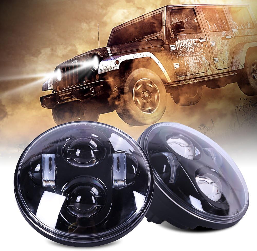 Jeep Wrangler 7 Inch Cree LED DOT Approved Headlights fit w/JK TJ LJ CJ Hummber H1 H2 Land Rover Defender with EMC Function & Waterproof IP 67 and Ventilation Breather Hole Design