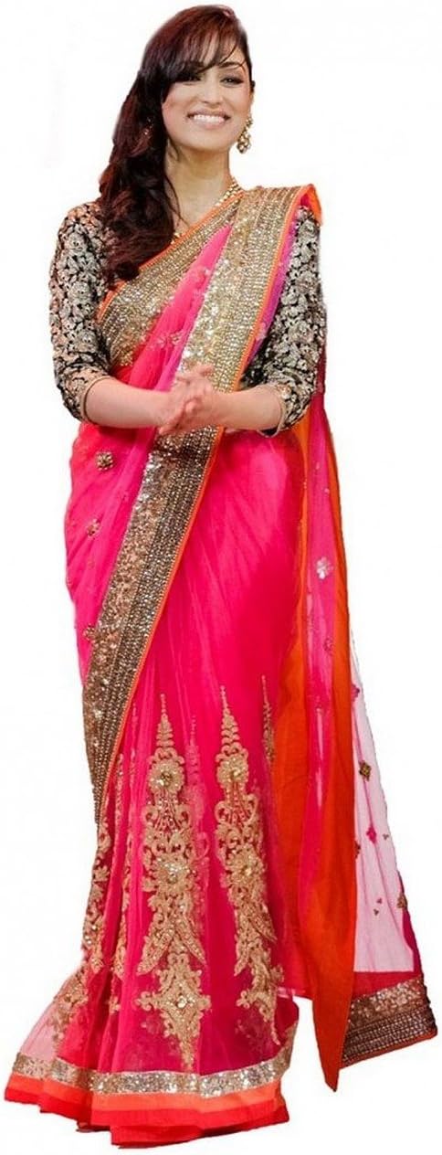 Fab Ikshvaku Pink Color Designer Embroidered Net Saree With Un-stitched Blouse