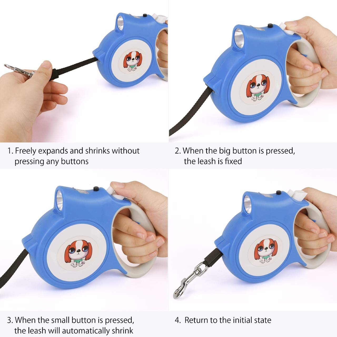 MOWIS Retractable Dog Leash 16.5ft/5m Dog Walking Leash with Anti-Slip Handle for Small Medium Dogs up to 55lbs/25kg, 360°Tangle Free, LED Light & Dog Waste Dispenser Bags included