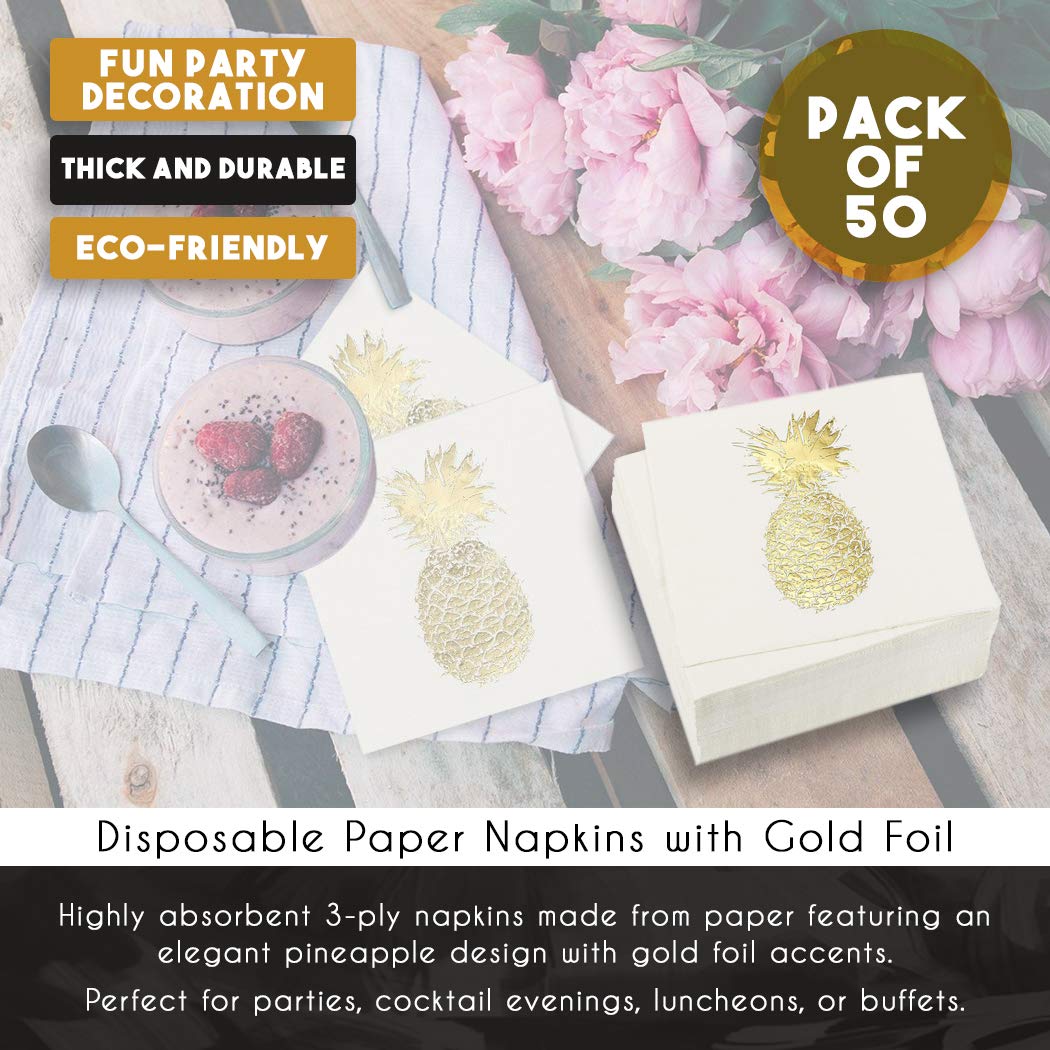 50 Pack Decorative Dinner Napkins - Disposable Paper Party Napkins with Gold Foil Pineapple, Perfect for Anniversary Decorations, Birthday Party Supplies, 6.5 x 6.5 Inches Folded, Gold and White - Image 5