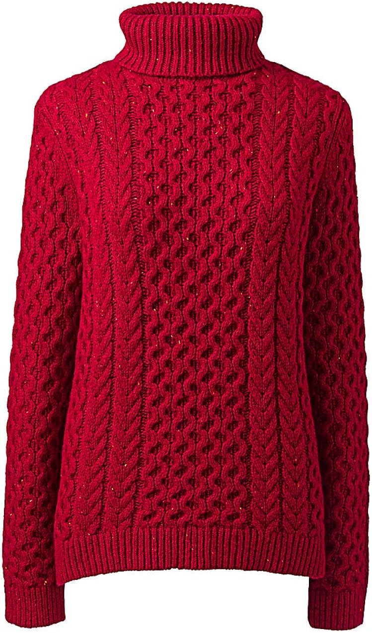 Lands' End Womens CozyLofty Cable Turtleneck Sweater Rich Red Donegal