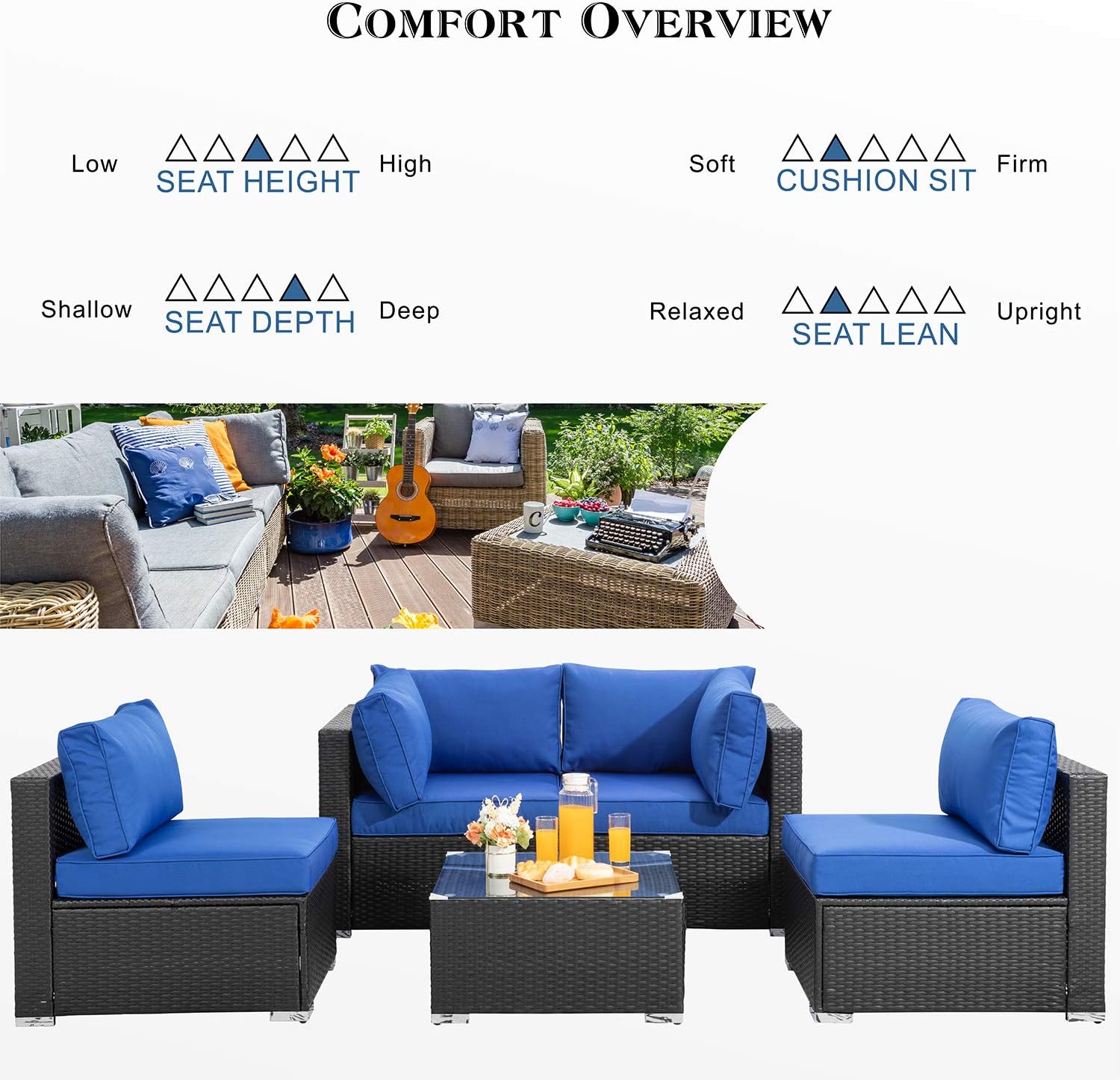 Shintenchi Outdoor Patio Furniture 5 Pieces Sets, All Weather PE Wicker Rattan Patio Conversation Sofa Set Tea Table&Washable Couch Cushions for Backyard Porch Lawn Garden Balcony (Dark Blue) : Garden & Outdoor