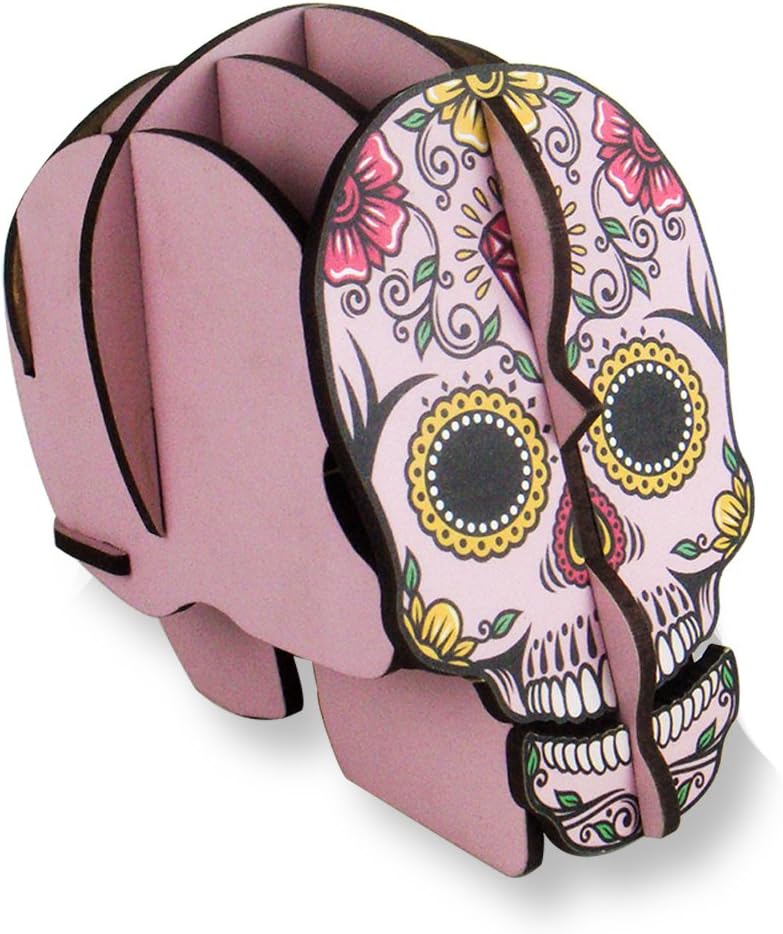 DIY Pink Wooden Skull Creative Organizer Office Desk Pen Holder|Stand|Container for Girl|Woman Birthday Gift - Tidy Guritta Skeleton Handmade Pencil Caddy - Cool Stationery Home Table Makeup Brush Pot