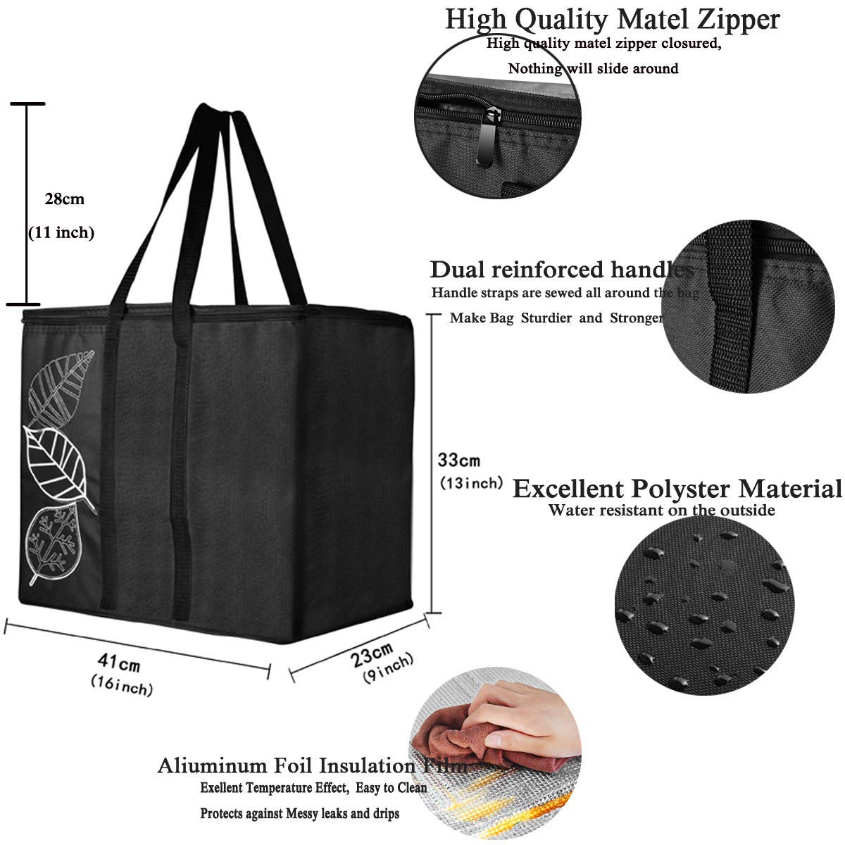 grocery bags cooler bag Insulated Food Delivery Grocery Bag (Set of 2) Collapsible Extra Large Reusable Shopping Tote Zipper TOP LID for Hot or Cold Food Reinforced - 600D Oxford Cloth Made - 32ounce