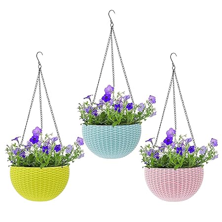 Kenvi US Hanging Flower Pot Basket with Hook Chain for Home Gardener (6inch) Set of 3 with Drainage for All House Plants, Herbs and Succulents || (Only Pot Without Flower) S-27