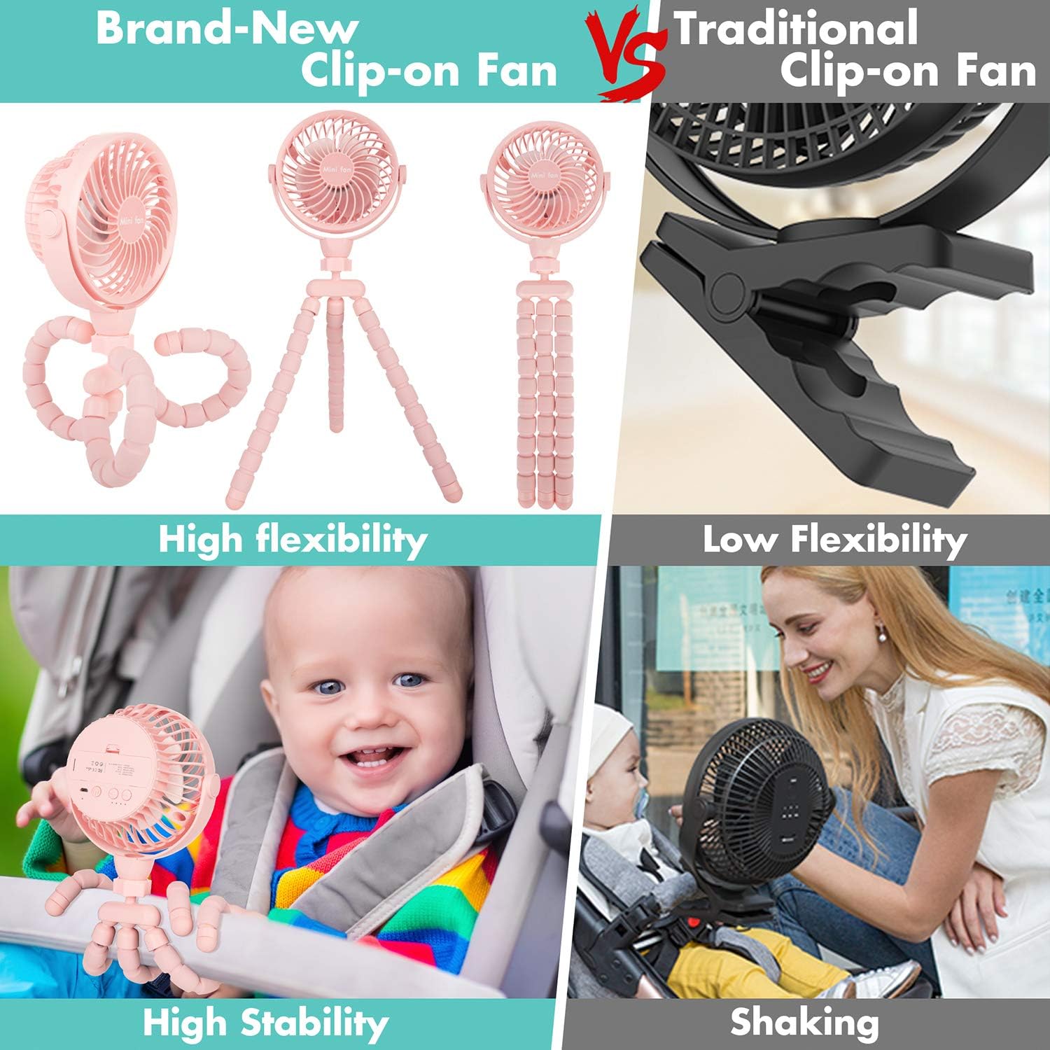 Versatile Fan, 5200mAh Battery Powered Clip-on Personal Desk Fan with Flexible Tripod, Ultra Quiet 360°Adjustable USB Fan for Stroller/Car Seat/Treadmill/Camping/Hurricane/Outage: Kitchen & Dining