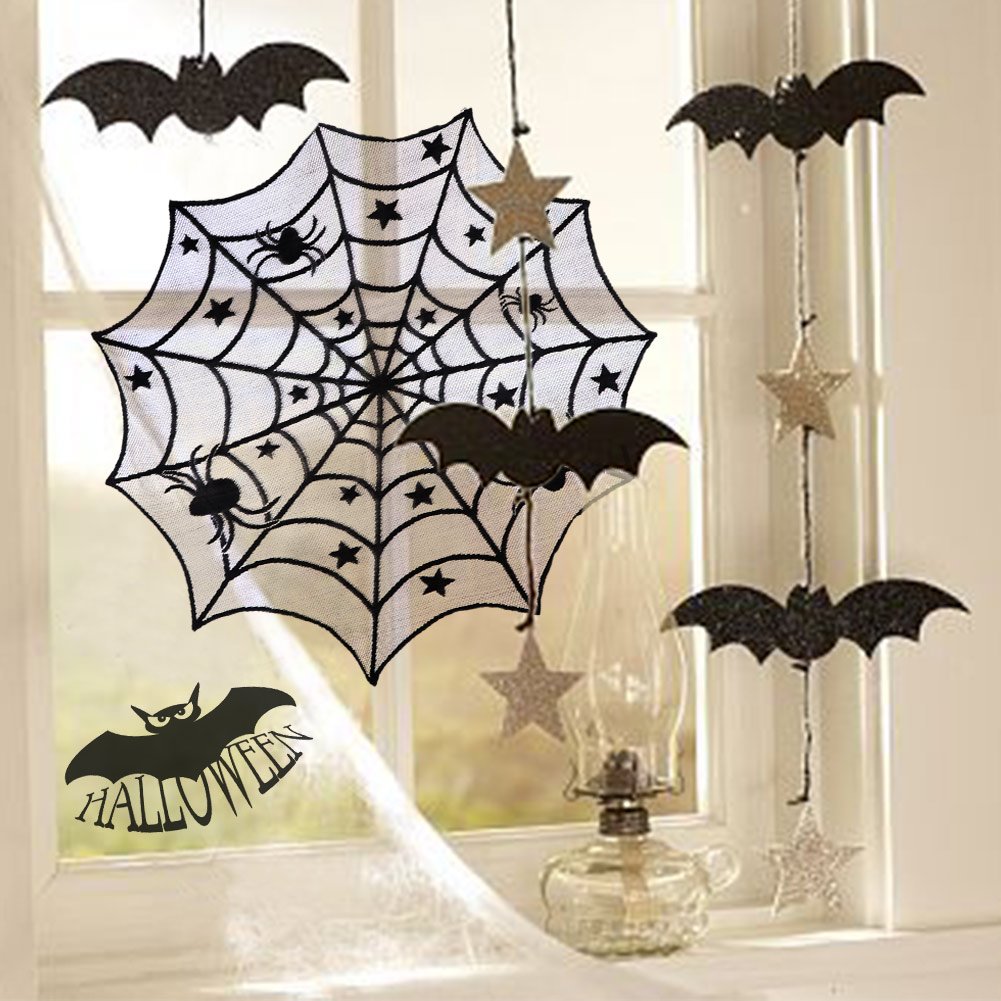 Trentixel 4 Pcs Halloween Decorations Set, Halloween Tablecloth Spooky Bat Spiderweb Lace Rectangular Tablecloth, Round Lace Table Cover, Halloween Lamp Shades and Fireplace Scarf Cover