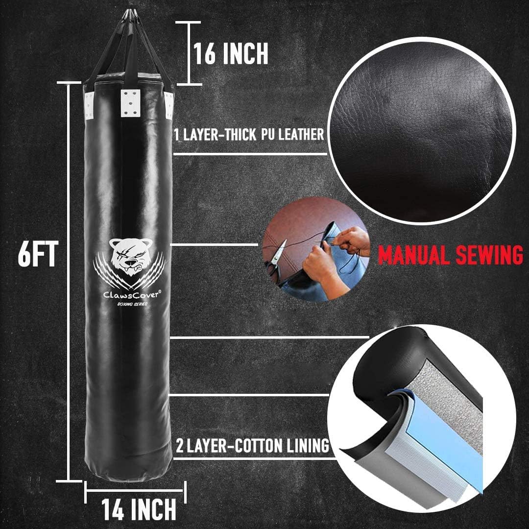 ClawsCover 6FT Heavy Punching Bag Boxing UNFILLED Premium PU Leather Hanging Kickboxing Bags Banana Bag for MMA Muay Thai Martial Arts Taekwondo Workout Training Fitness, Black : Sports & Outdoors