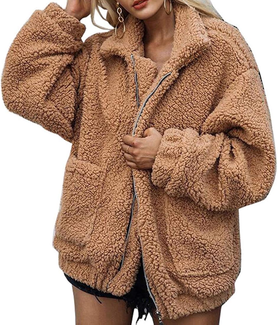 Women's Coat Casual Lapel Fleece Fuzzy Faux Shearling Zipper Coats Warm Winter Oversized Outwear Jackets at  Women's Coats Shop
