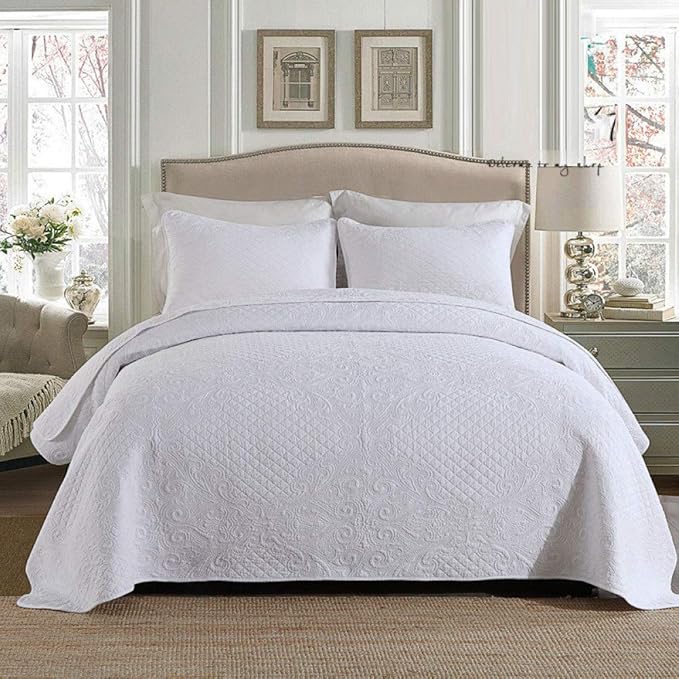 White Bedspread Comforter Bed Throw Double 100 Cotton Quilted Quilt