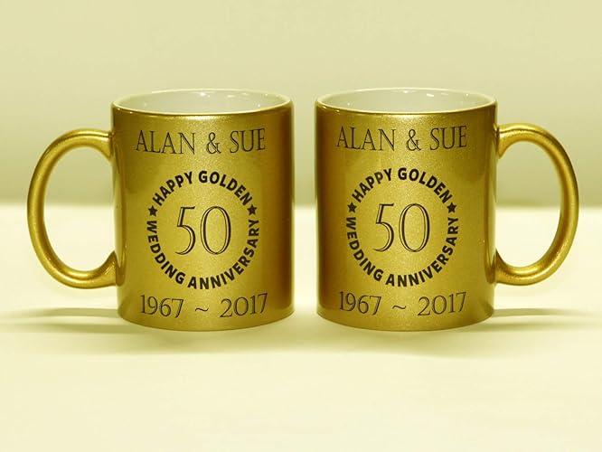 Personalised Golden Wedding Anniversary Pair of Matching Mugs Beautifully Hand Decorated