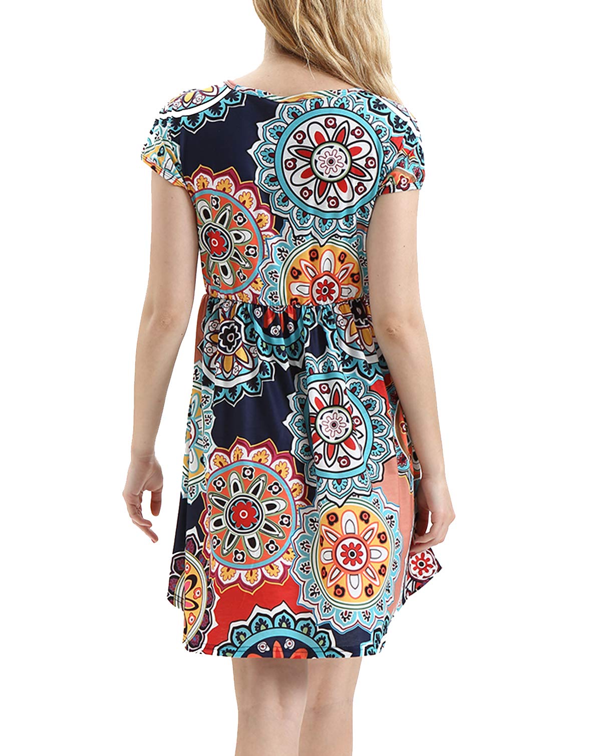 HUALAIMEI Women\'s Short Sleeve Floral Printed Long Tunic Casual Midi Dresses