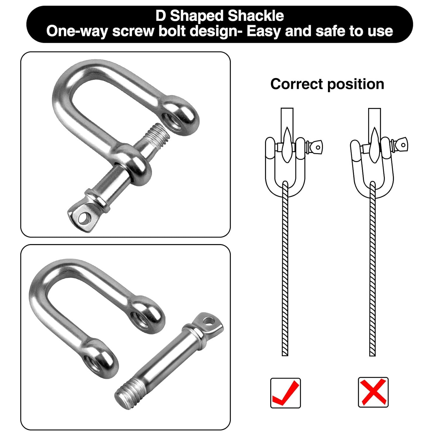 4 PCS D Shackle,304 Stainless Steel D Ring Shackle Lock,M8 D Links Hook