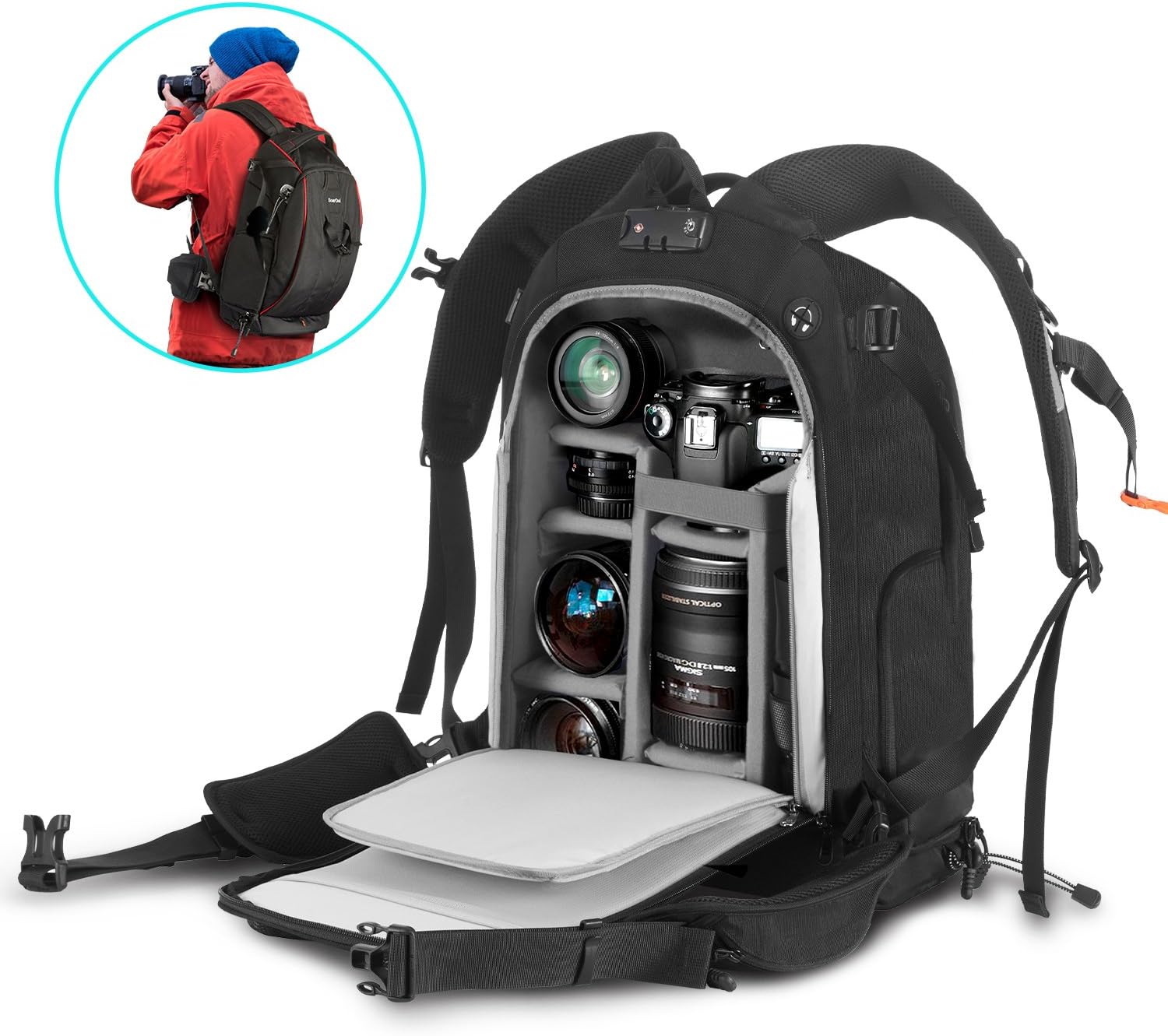 Camera Backpack Camera Bag with Waterproof Rain Cover, Modular Inserts, YKK Lockable Zipper, Skid-Proof Base for Sony Canon Nikon Olympus SLR/DSLR/Lens/Laptop and Accessories, Black/Red