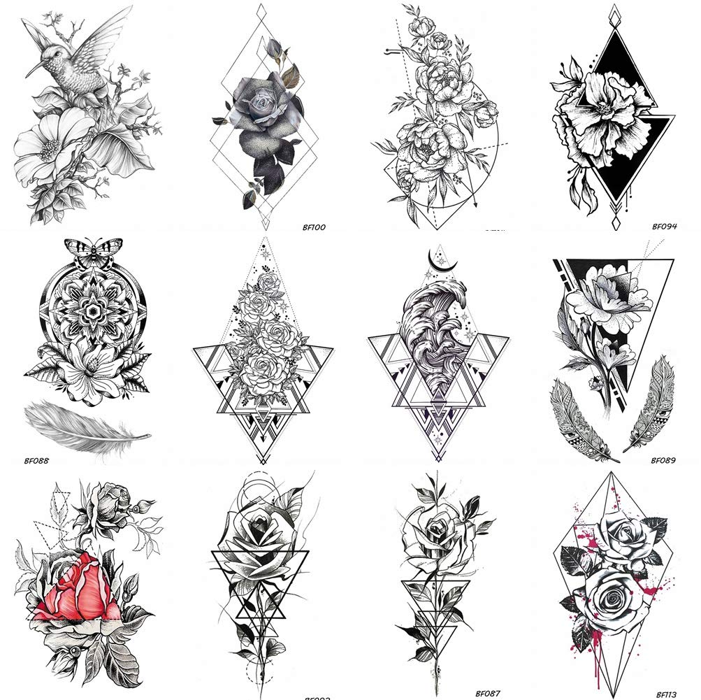 12 Pieces/Lot Geometric Black Men Arm Diamond Sexy Temporary Fake Tattoos Stickers Paper 10x6CM Women Flower Waterproof Tatoo Summer Style Body Art Painting Custom