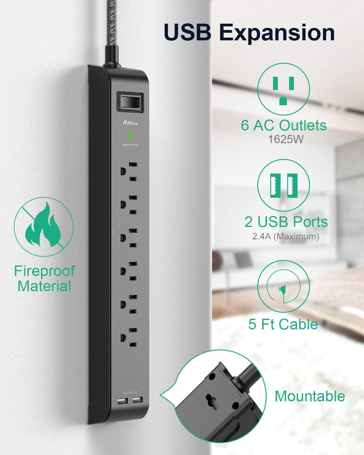 2 Pack Surge Protector Power Strip with 6 Outlets 2 USB Ports, 5-Foot Long Heavy-Duty Braided Extension Cords, Flat Plug, 900 Joules, 15A Circuit Breaker, Wall Mount FCC ETL Listed for Home Office: Home Improvement