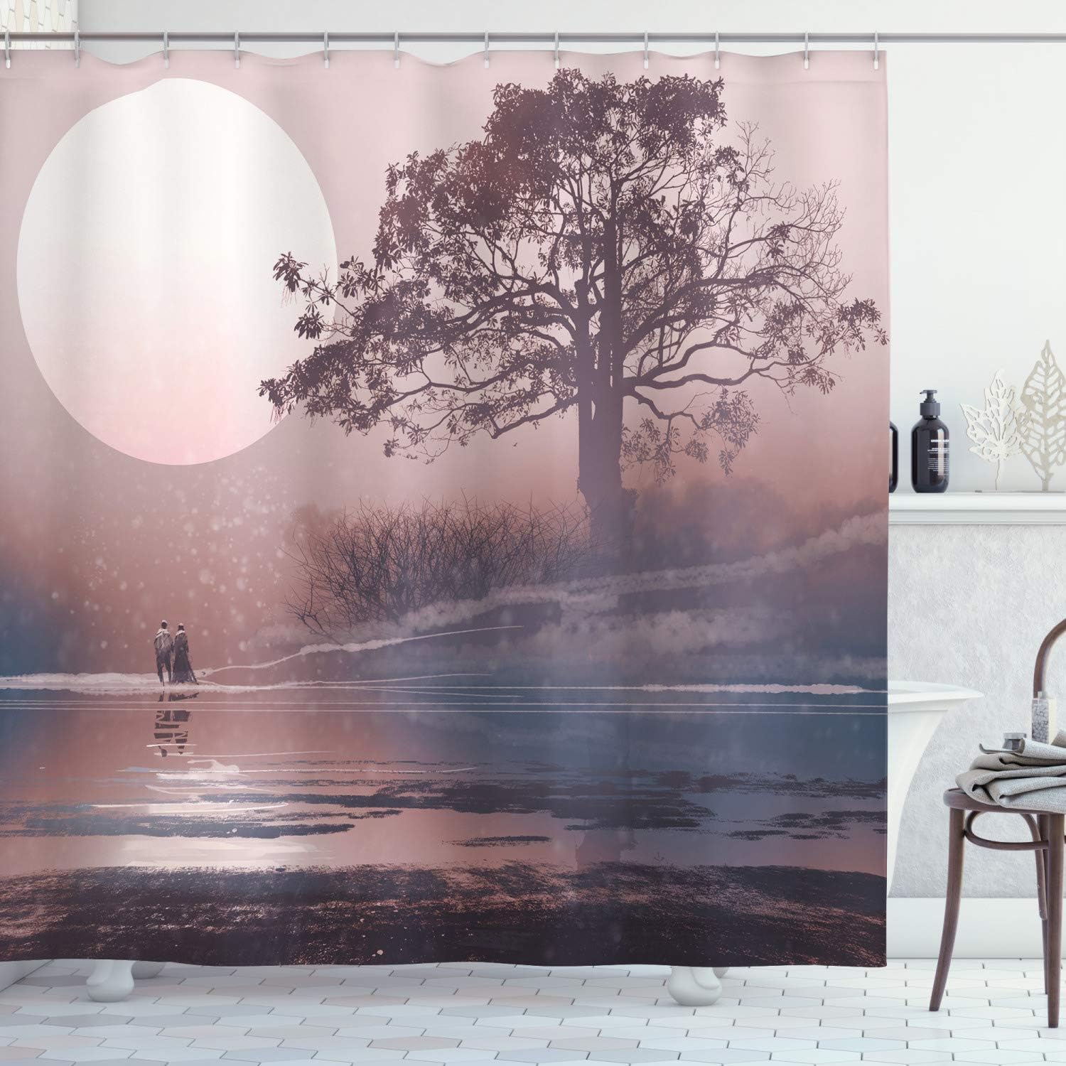 Amazon Com Ambesonne Fantasy Shower Curtain Love Couple On The Horizon With Full Moon And Majestic Tree Over The Lake Romance Print Cloth Fabric Bathroom Decor Set With Hooks 70 Long Mauve Home