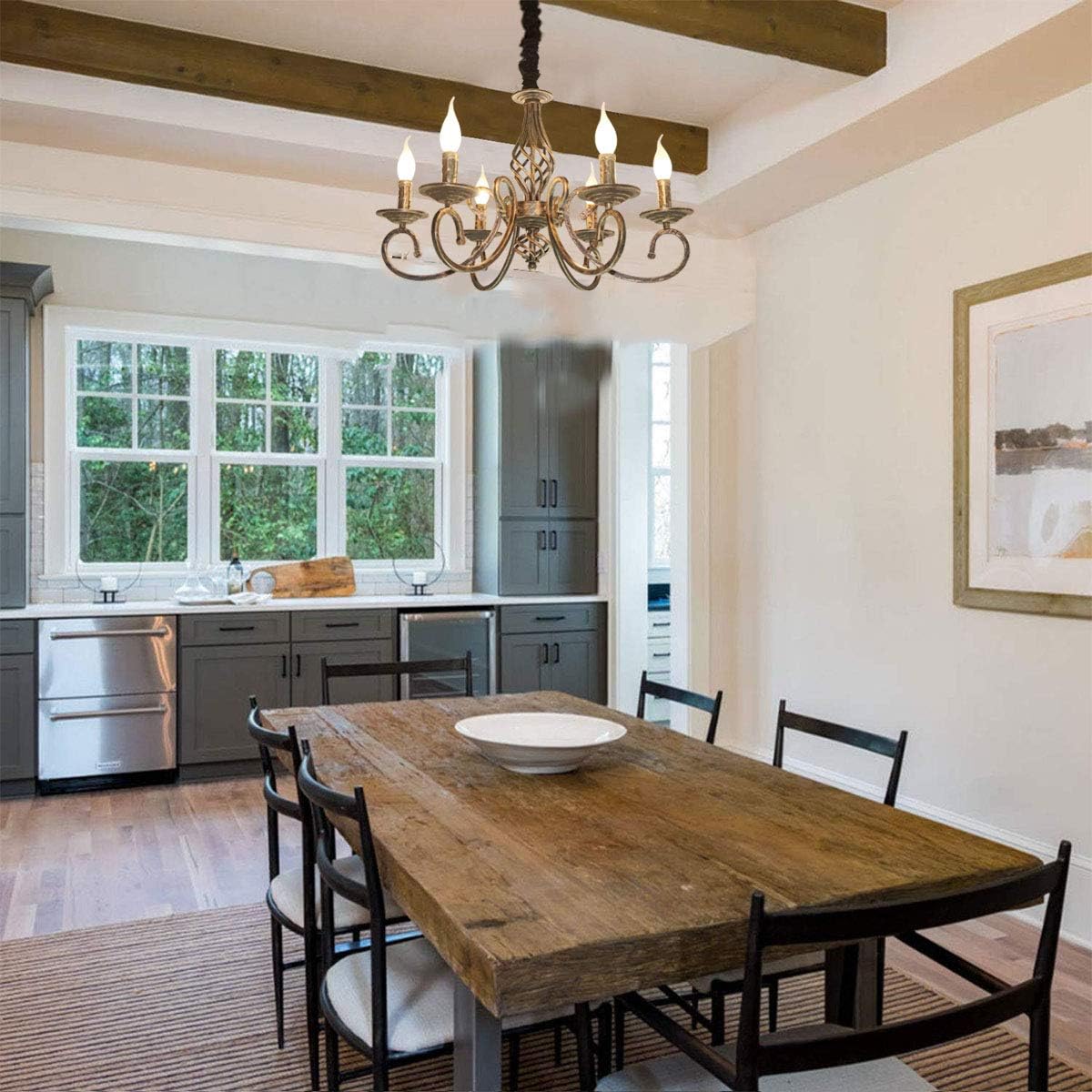 Ganeed Rustic 6-Light Chandeliers, French Country Vintage Chandelier, Metal in Antique Bronze Pendant Chandelier, Pendant Light Fixture for Island Kitchen Farmhouse Dining Room Living Room - - 