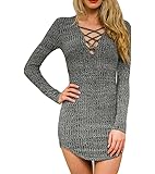 Persun Women's Grey Plunge Neck Lattice Lace Up Long Sleeve Bodycon Mini Dress
