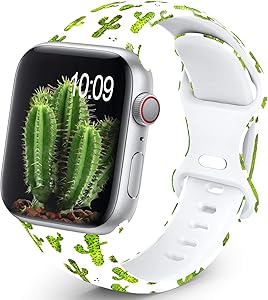 OHOTLOVE Compatible with Apple Watch 38mm 40mm 42mm 44mm for Women Men, Soft Silicone Pattern Printed Replacement Wristband Band For Iwatch Series 6 & Series 5 4 3 2 1.Cactus A
