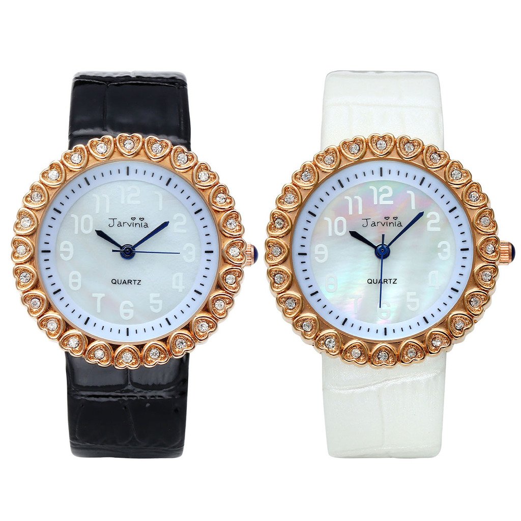 JSDDE Uhren,Elegante Frauen Armbanduhr Herz Strass Damenuhr mit Muschel Echtleder-Band Rosegold Analog Qaurzuhr,Schwarz