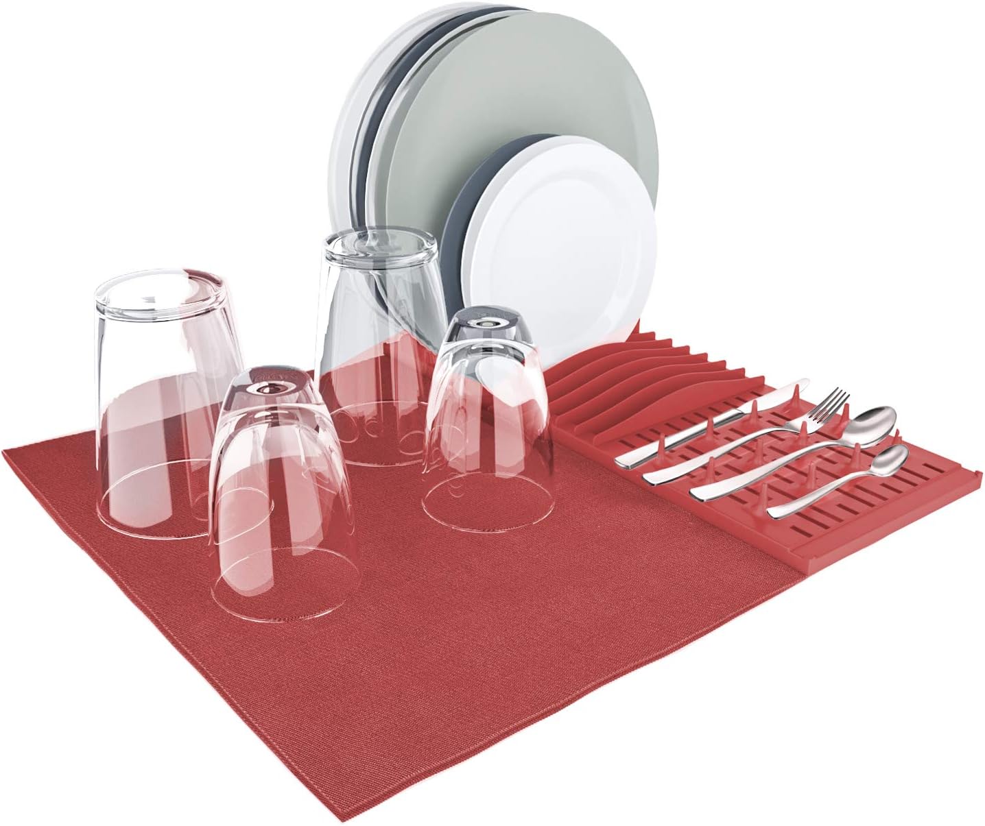 Home Intuition Dish Drying Rack and Microfiber Mat 23.5" x 18", Red