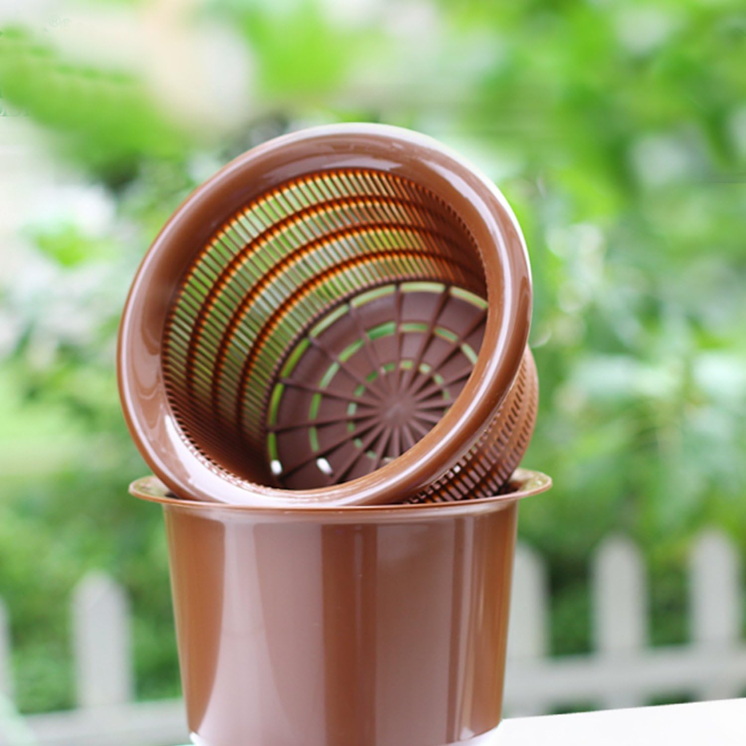 Orchid Pots Set,Plastic Root Control Plant Pot with Holes and Mesh,7 1/2 Inch 2 Inner and 2 Outer Flower Pot(Durable Brown)