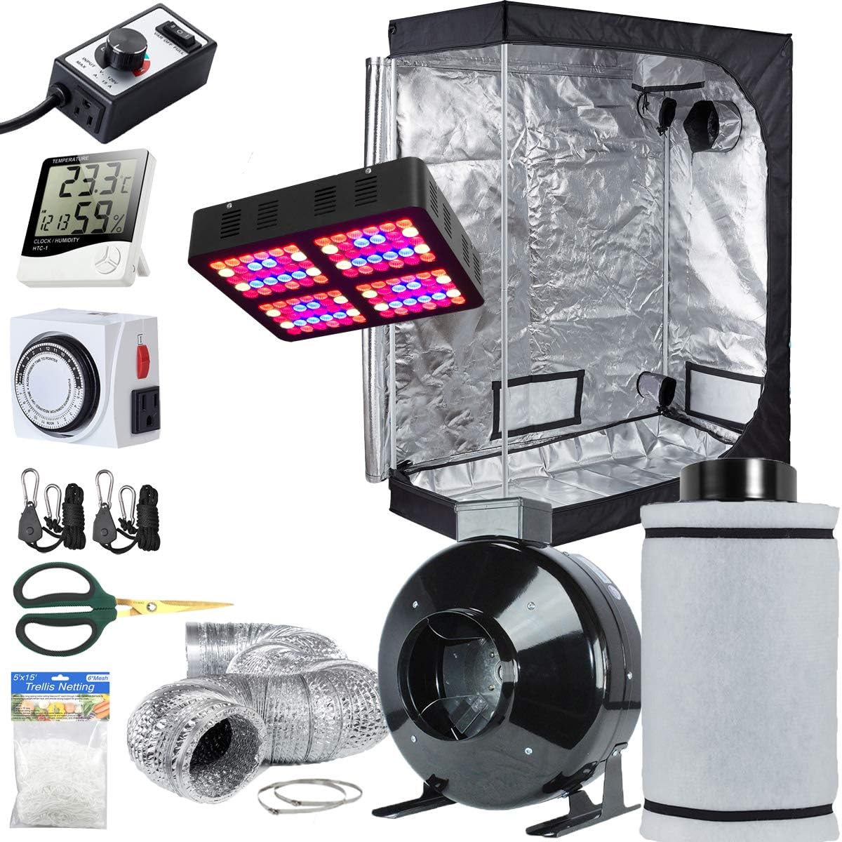 TopoLite Grow Tent Setup Complete Kit LED 600W Grow Light + 6" Filter Kit + 48"x24"x60" Dark Room + Hydroponic Indoor Plants Growing System Accessories (48"x24"x60" Kit)