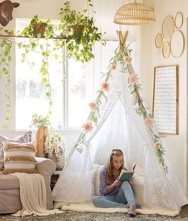 Tipi Zelt für Kinder, 5-seitiges Luxuriöses Spitzenstoff Zelt für den Innen- und Außenbereich (XXL-Große 2,2 m Hoch) | Hochze