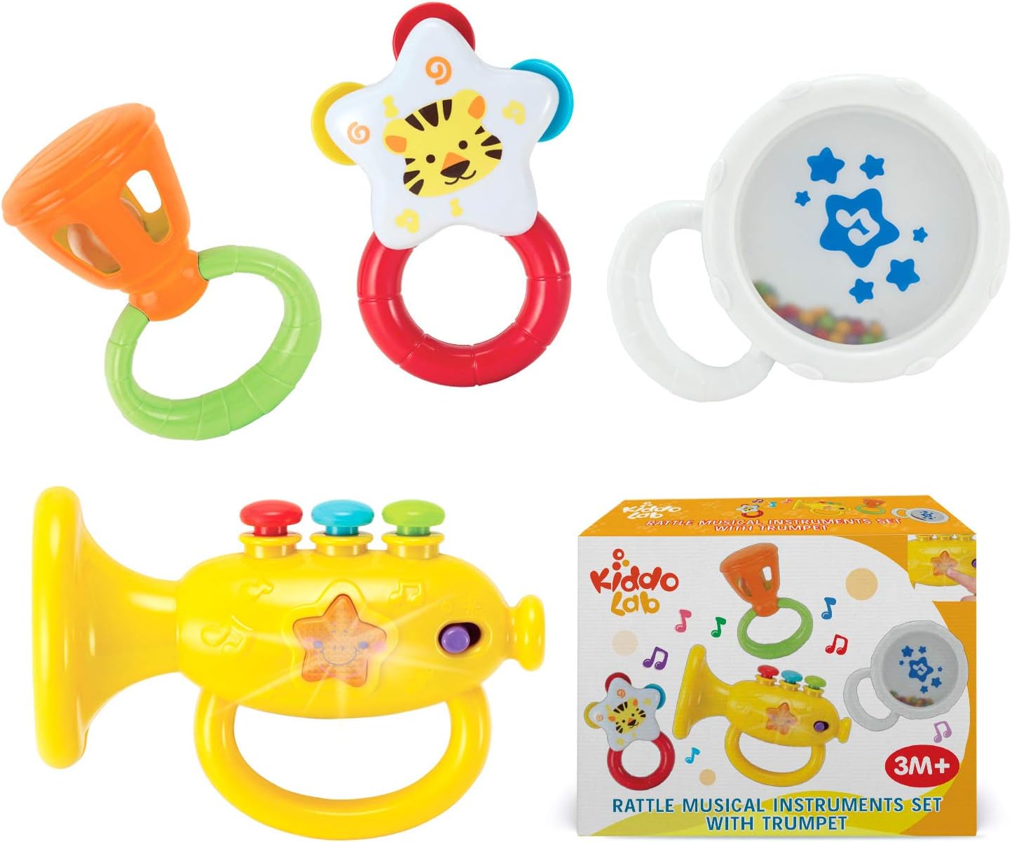 KiddoLab Musical Instruments Set with an Electronic Trumpet and Rattles for Babies. Toddler Learning Toys for Early Development. First Infant Music Toy for 3 to 18 Months Old