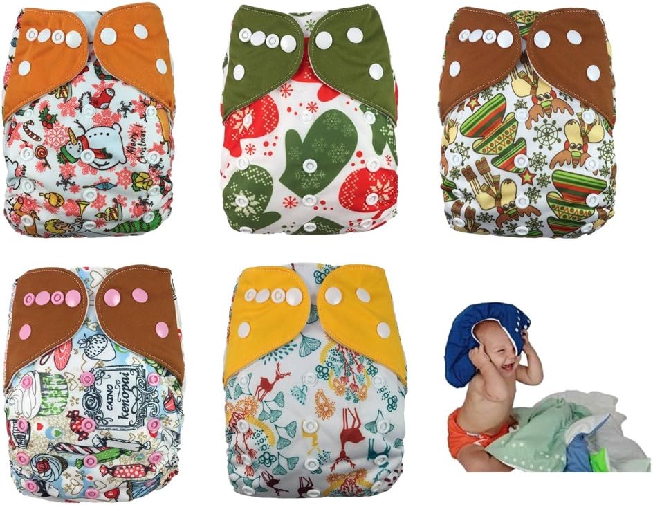 NOOYA Printed Cloth Pocket Diaper Nappies for Baby boys girls,5 Pack Covers With 10 Inserts,Adjustable Snap One Size Washable Reusable Diapers