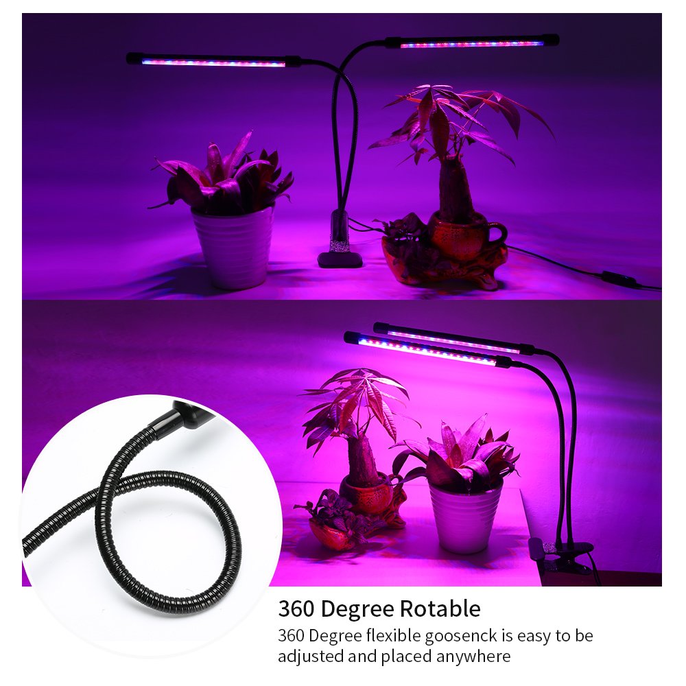 Ranipobo LED Grow Light 18W Dual Head Timing Plant Lights with 36 LED Dimmable 8 Levels Grow Lamp Bulbs Flexible 360 Degree Gooseneck for Indoor Plants Hydroponics Greenhouse Gardening
