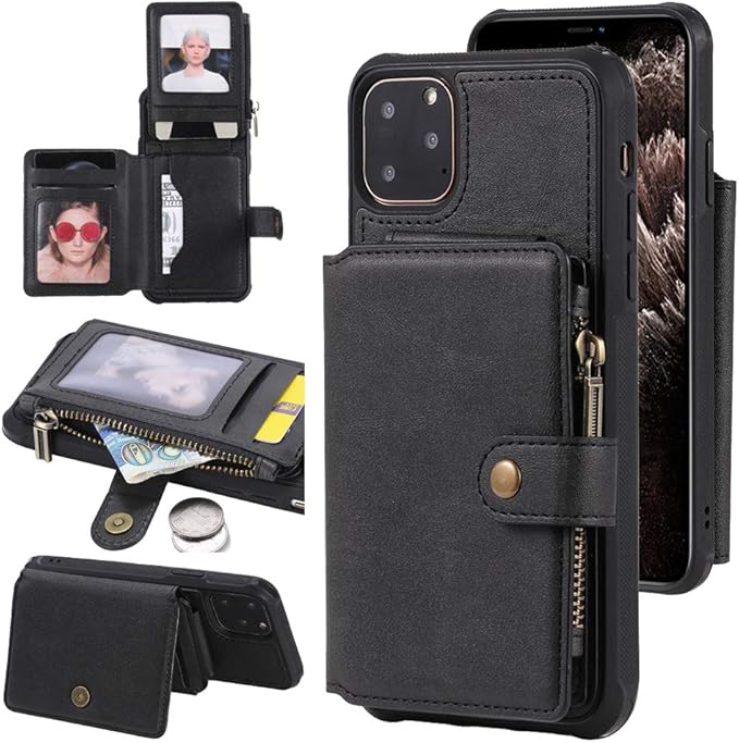 Sumoom Iphone 11 Pro Max Wallet Case For Men Women Card Holder Leather Flip Folio Back Cover Purse With Zip Coin Pocket Card Slot Folding Stand Shockproof Protective All In One Case Wallet Black