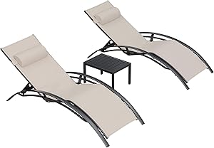 PURPLE LEAF Patio Chaise Lounge Sets 3 Pieces Outdoor Lounge Chair Sunbathing Chair with Headrest and Table for All Weather, Beige